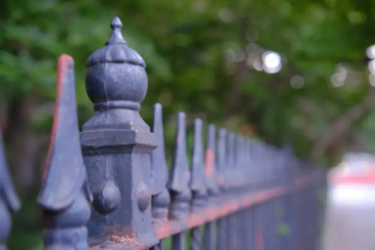 fences along a pathway with trees in the background